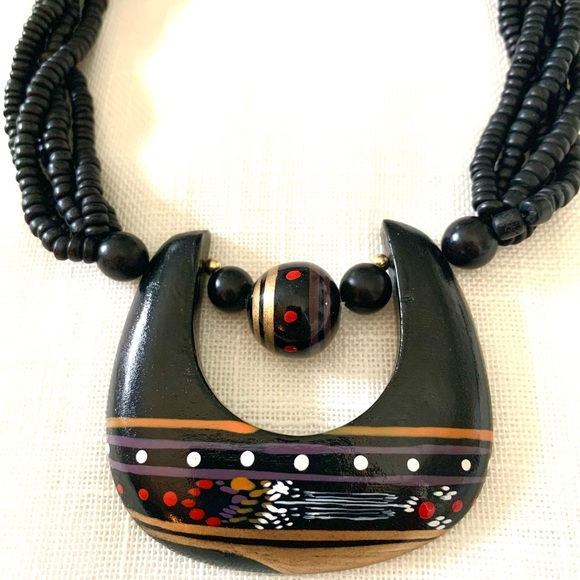 Vintage Art Necklace Multi Strand Beaded Large painted pendant Black Red Gold - Picture 11 of 12